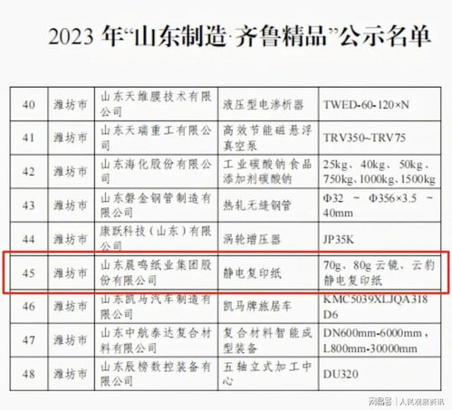 2023年 山东制造 齐鲁精品 名单公示 晨鸣产品上榜